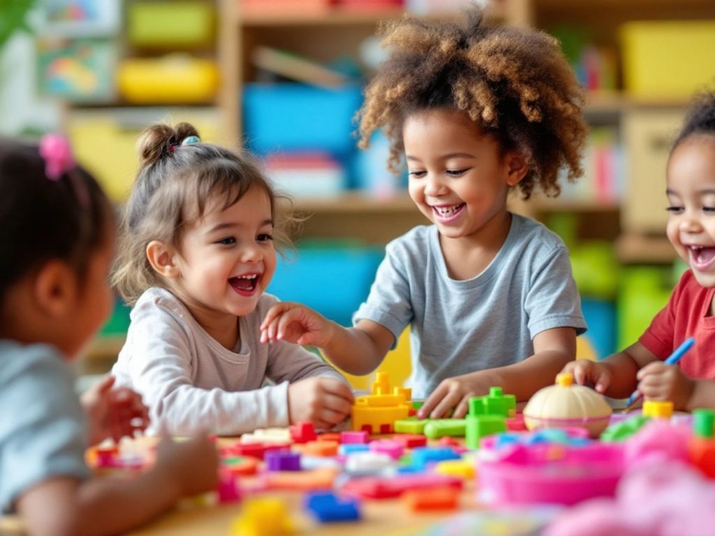 Copii jucându-se și învățând împreună.