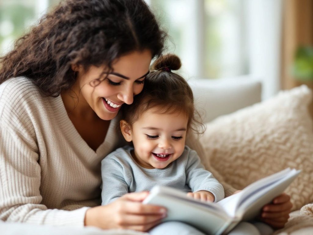 Părinte și copil citind împreună într-un mediu cald.