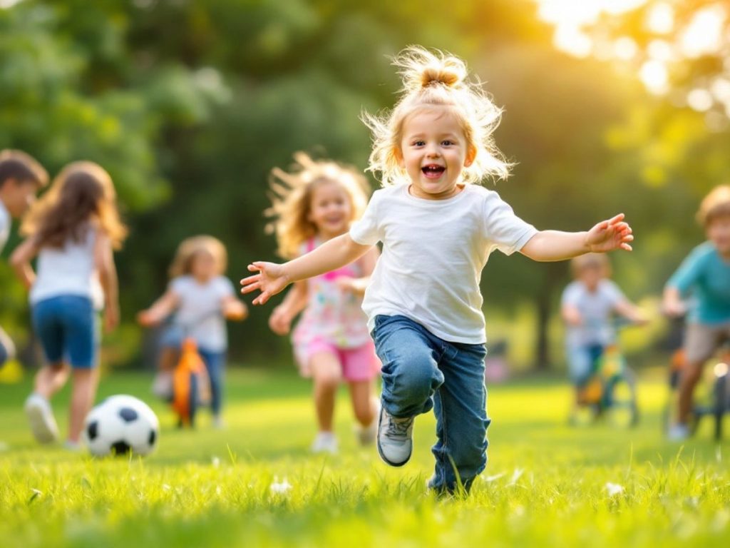 Copii jucându-se în aer liber și făcând sport.