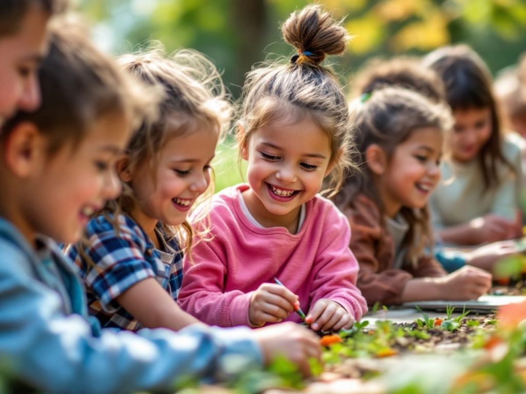 Copii jucându-se și învățând în aer liber.