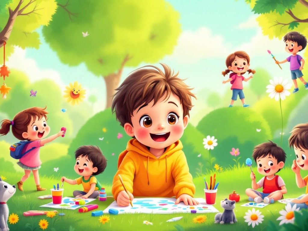 Copii jucându-se și învățând în aer liber.