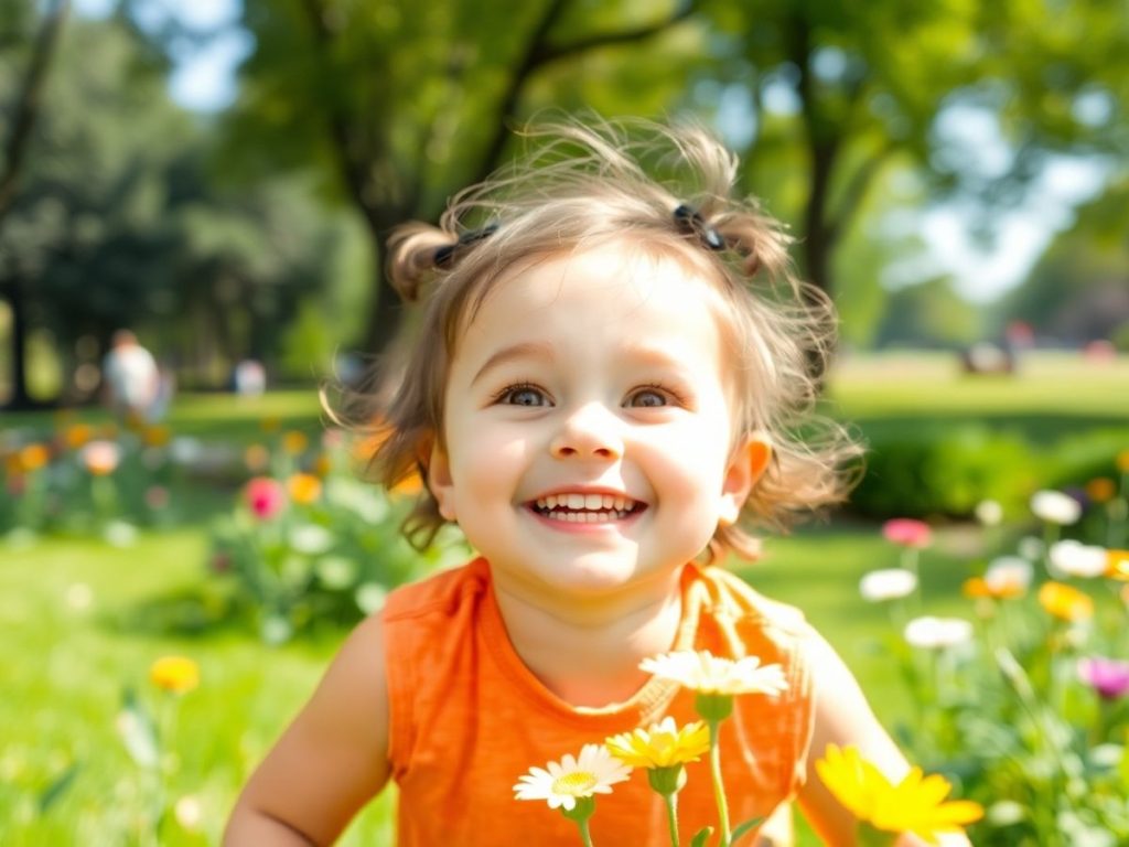 Copil vesel jucându-se în parc, plin de bucurie.