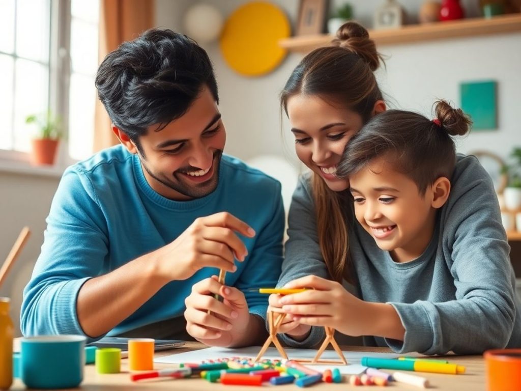 Părinte și copil lucrând împreună la o activitate creativă.
