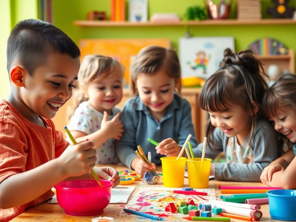 Copii implicați în activități creative și distractive.