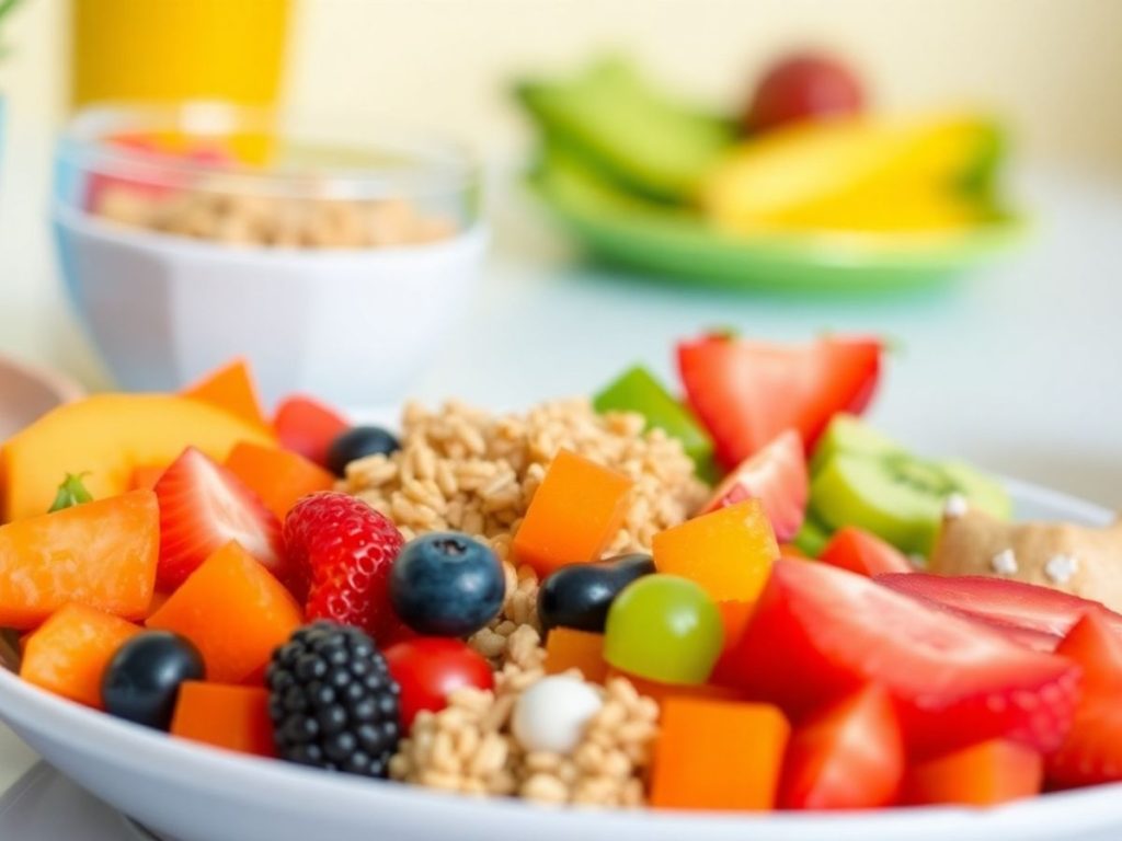 Farfurie plină cu fructe și legume proaspete pentru copii.
