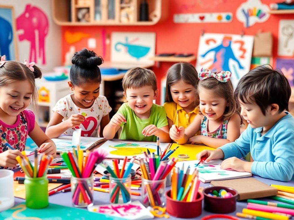 Copii creativi la activități artistice diferite.