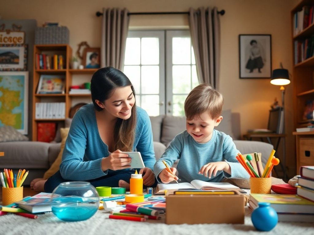 Părinte și copil la o activitate educativă acasă.