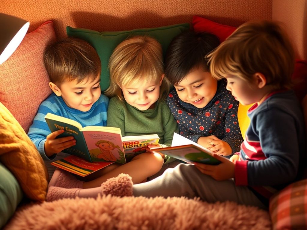 Copii citind cărți într-un colț confortabil.