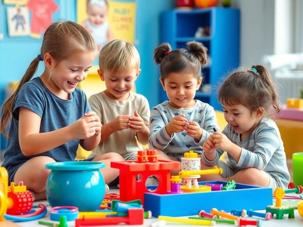 Copii jucându-se cu jocuri interactive și materiale colorate.