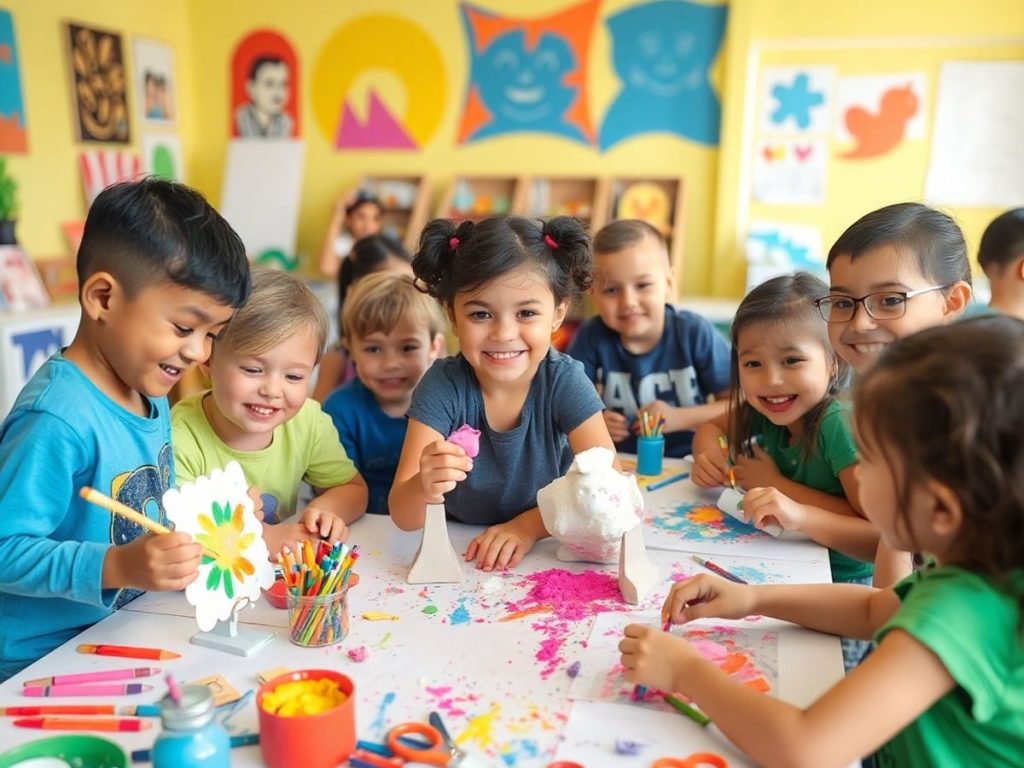 Copii în activități artistice pline de culoare și creativitate.