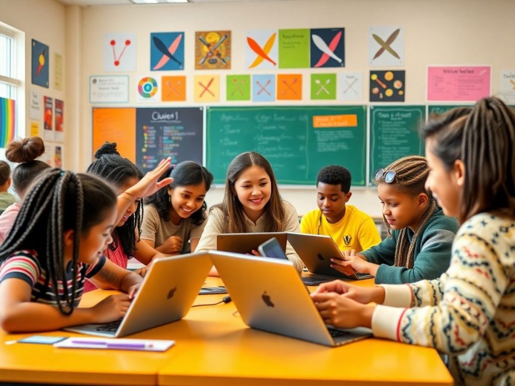 Elevă și profesor folosind tehnologia în clasă.