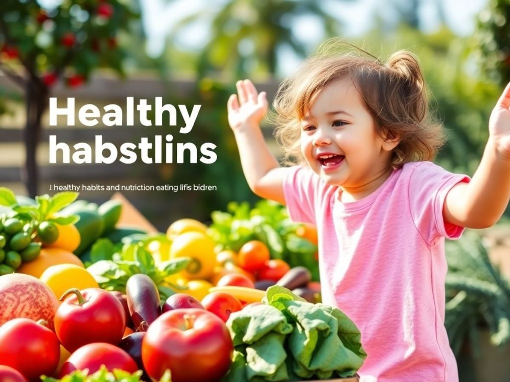 Copil jucându-se afară, înconjurat de fructe și legume.