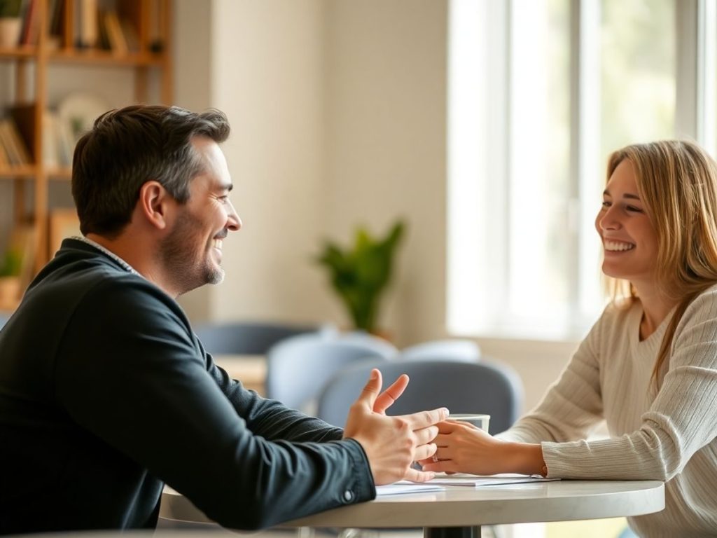 Două persoane comunicând prietenos la o masă.