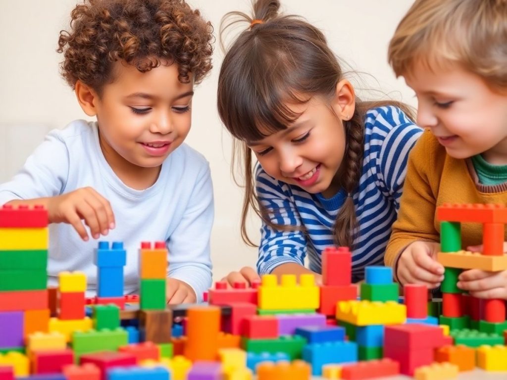 Copii jucându-se cu blocuri colorate, stimulând gândirea creativă.