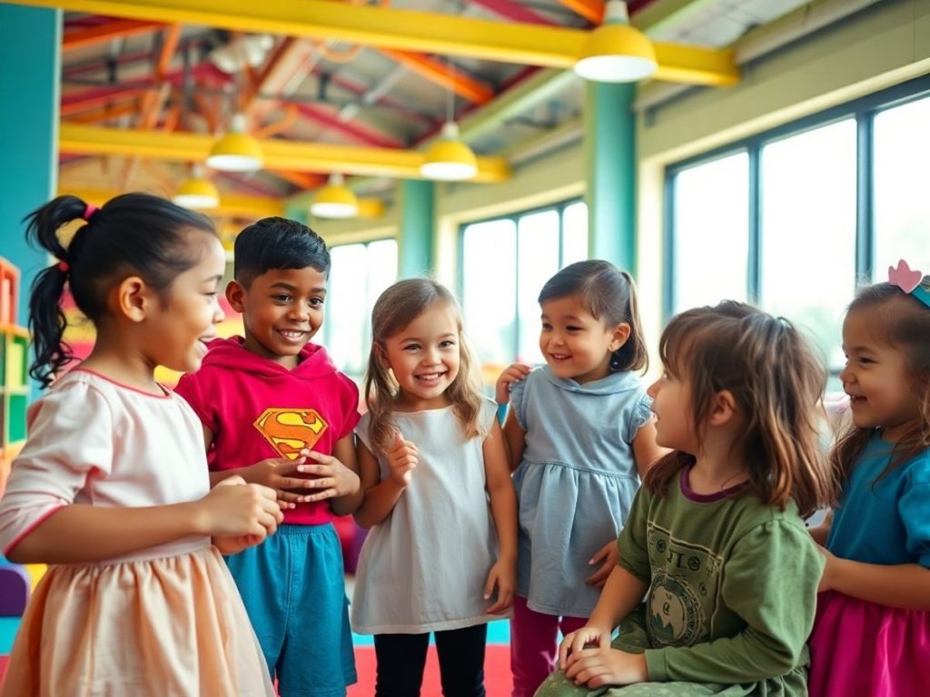 Copii zâmbitori jucându-se roluri împreună.