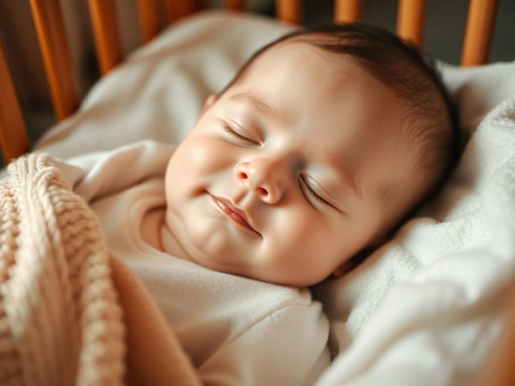 Copil mic dormind liniștit în pătuț, lumină caldă.