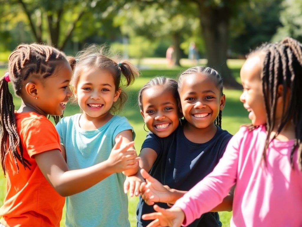 Copii interacționând și zâmbind împreună în aer liber.