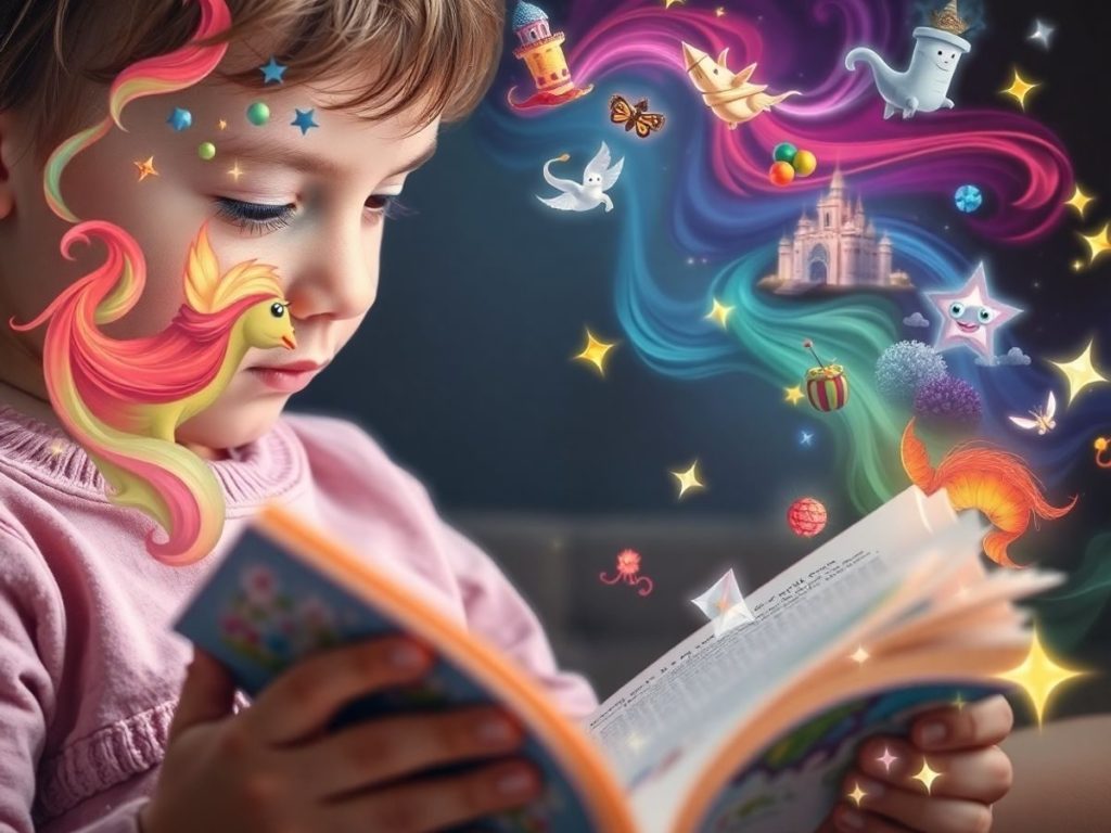 Copil citind carte, înconjurat de obiecte colorate imaginare.