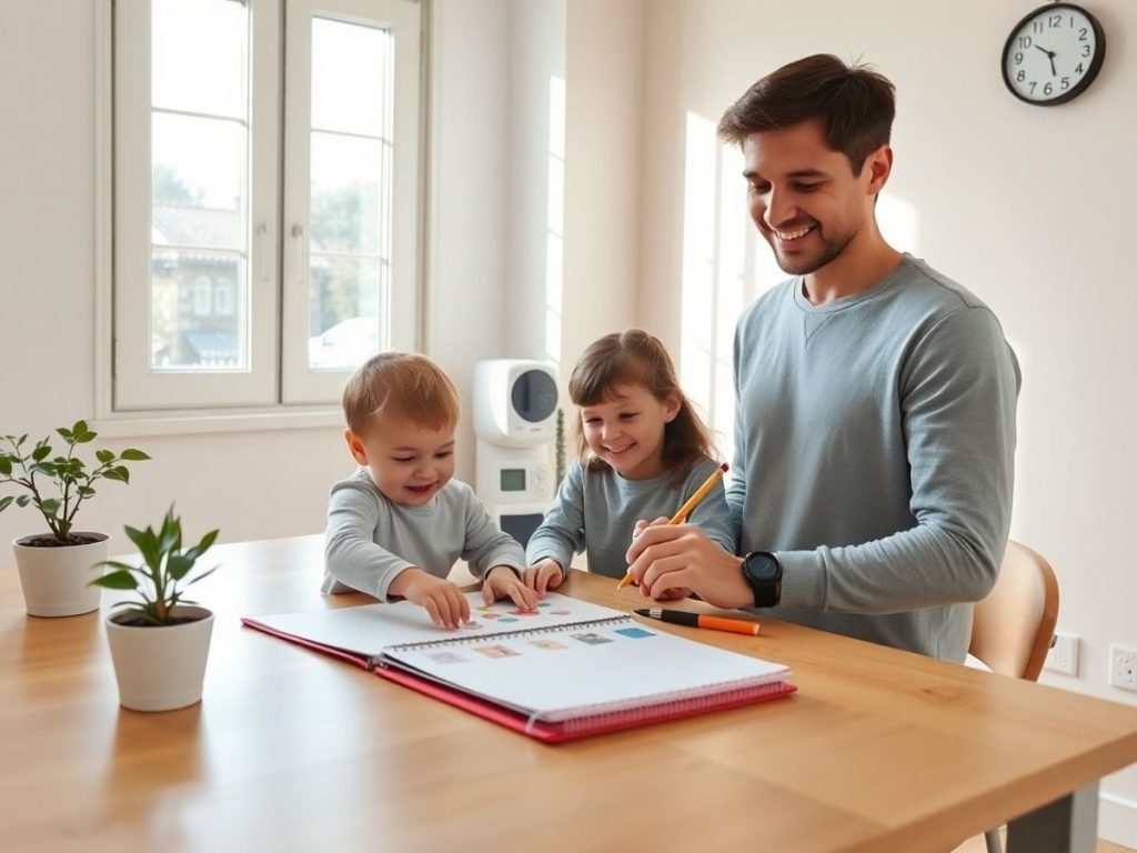 Părinte și copil la birou ordonând materiale sub lumină naturală