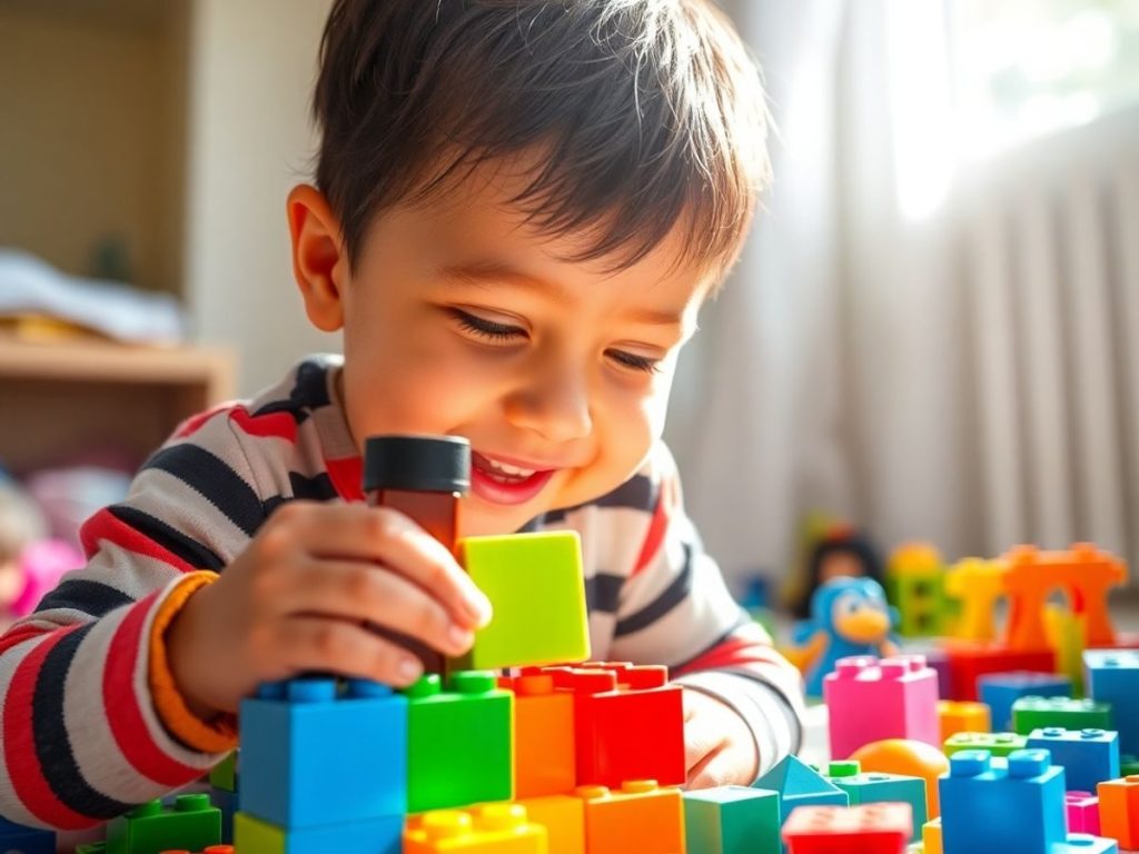 Copil zâmbind jucându-se cu blocuri colorate.