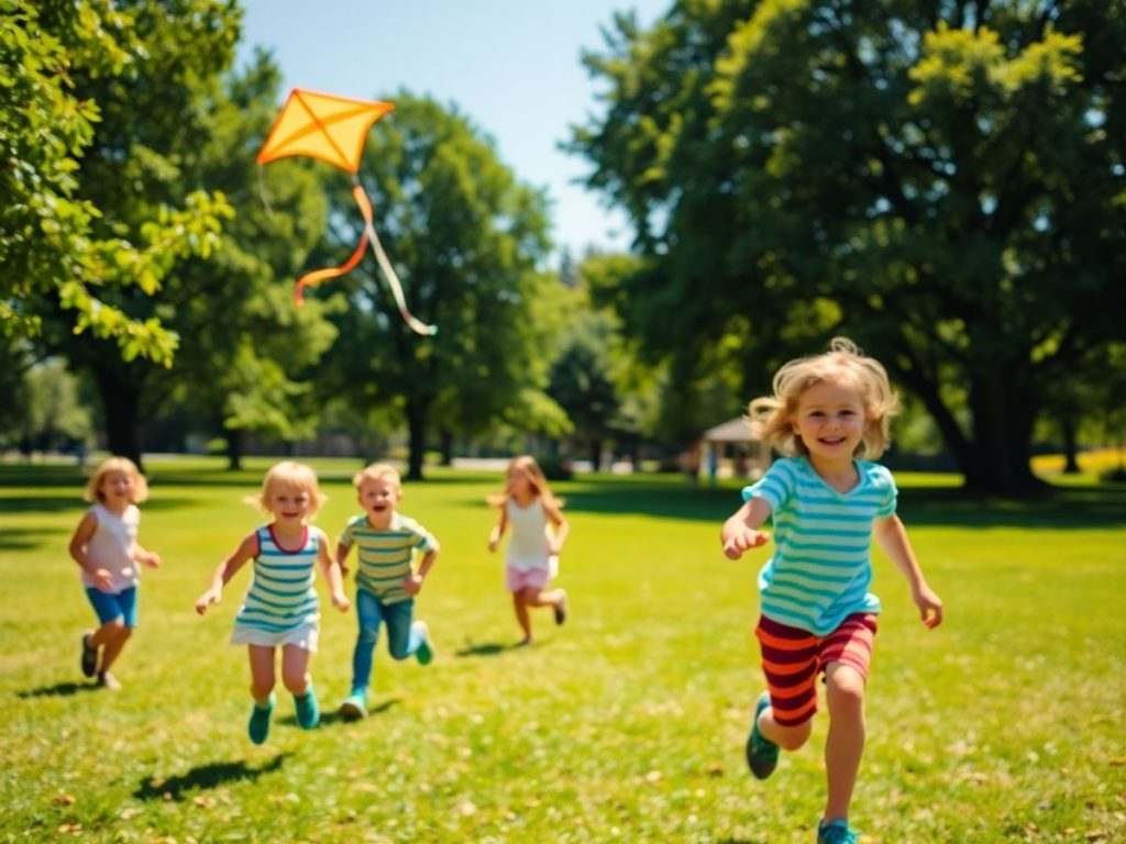 Copii zburând un zmeu într-un parc însorit.