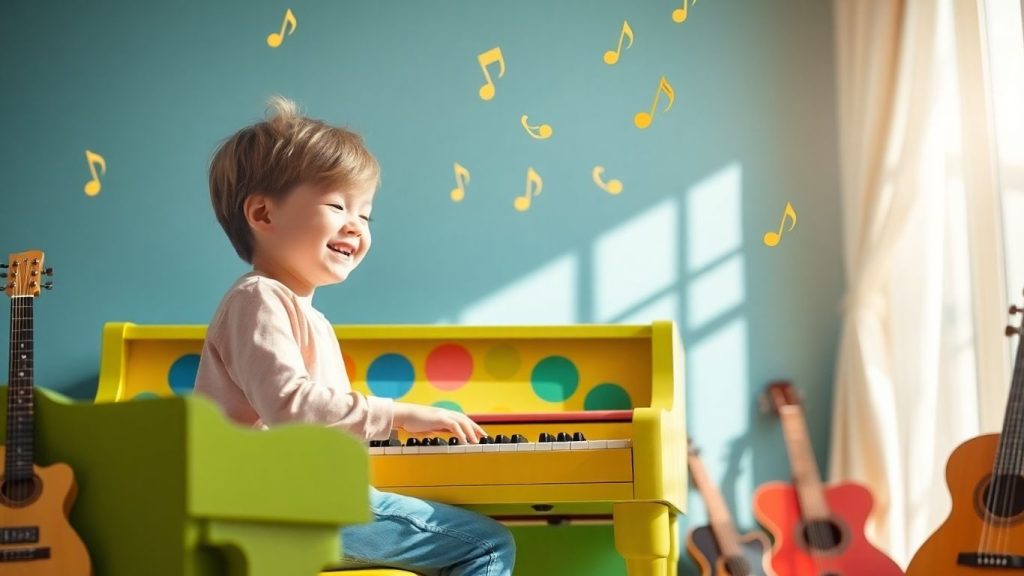 Copil fericit cântând la pian, note muzicale în aer.