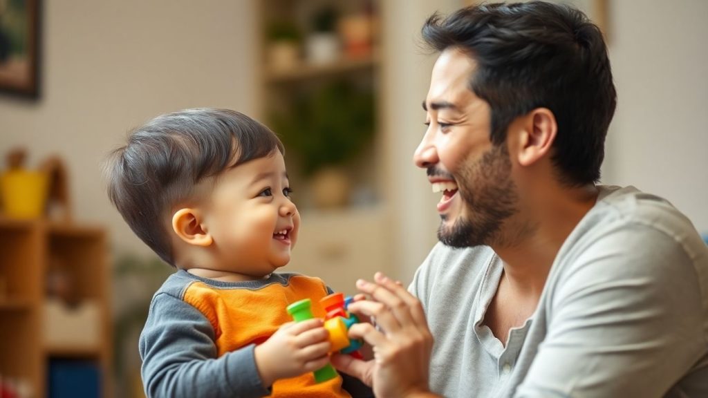 Părinte și copil interacționând cu jucării colorate.