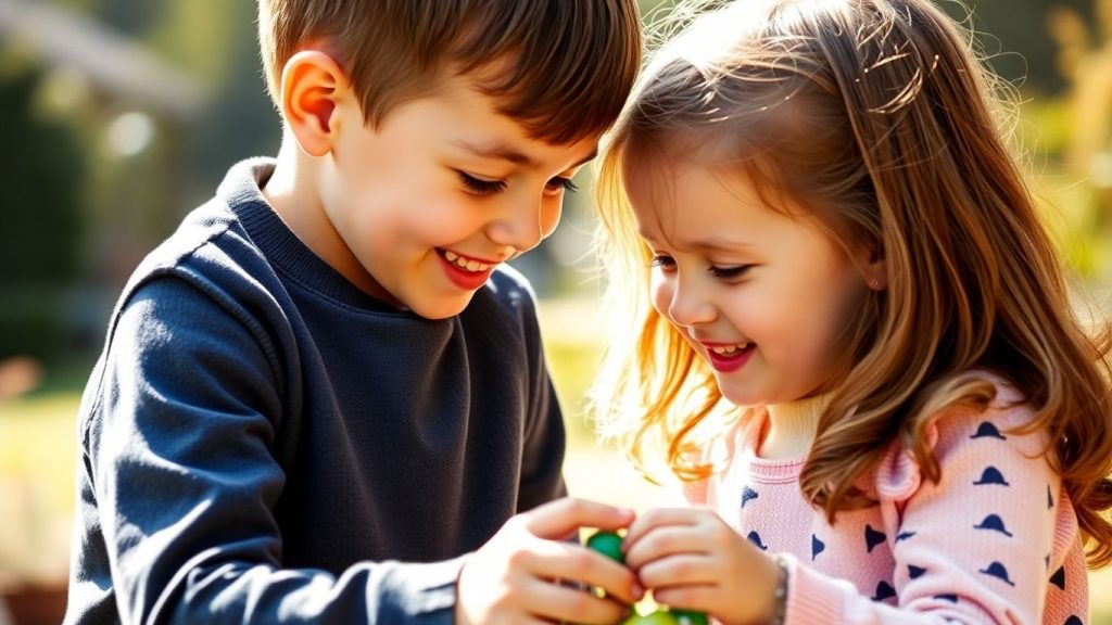 Doi frați zâmbind și jucându-se împreună în aer liber.