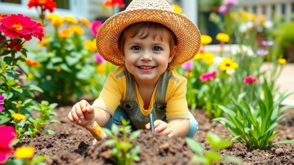 Copil săpând în grădină printre flori colorate